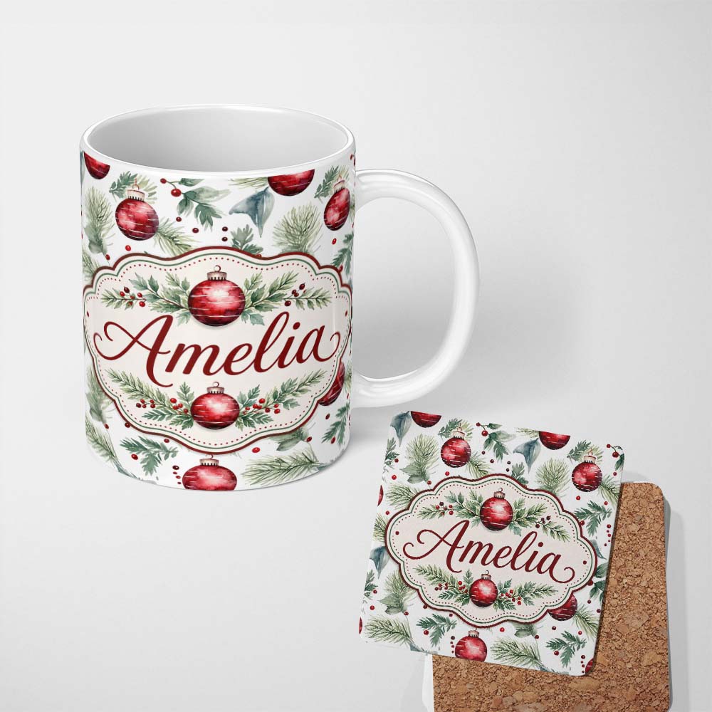 Personalized Custom Name Watercolor Red Baubles Pine Branches Festive Holiday Seamless Lovely 11oz Ceramic Coffee Tea Mug White Large Handle