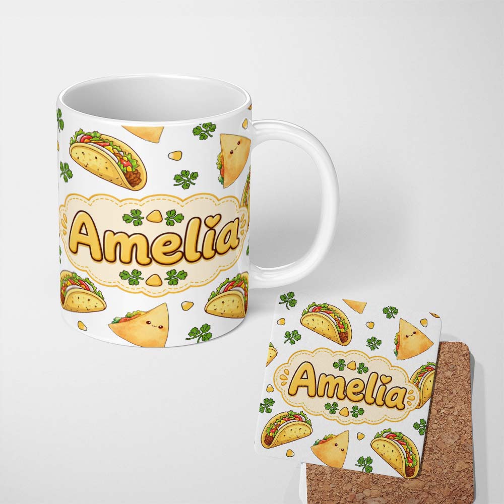 Personalized Custom Name Cute Kawaii Tacos and Wraps Seamless Pattern Light Grey Background 11oz Ceramic Coffee Tea Mug White Large Handle