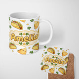 Personalized Custom Name Cute Kawaii Tacos and Wraps Seamless Pattern Light Grey Background 11oz Ceramic Coffee Tea Mug White Large Handle