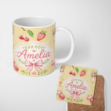 Personalized Custom Name Cute Strawberry Cherry Ribbon Bow Sweet Dessert Pattern Yellow 11oz Ceramic Coffee Tea Mug White Large Handle
