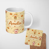 Personalized Custom Name Cute Autumn Scarecrow Pumpkin Birds Seamless Pattern Beige Lovely 11oz Ceramic Coffee Tea Mug White Large Handle