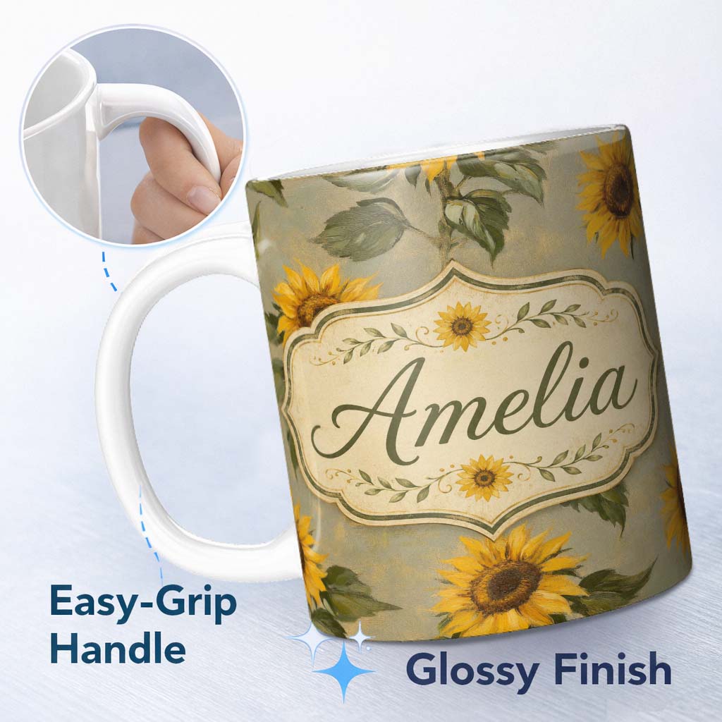 Personalized Custom Name Vintage Sunflower Botanical Rustic Field Seamless Pattern Lovely 11oz Ceramic Coffee Tea Mug White Large Handle