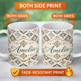 Personalized Custom Name Soft Pastel Aztec Geometric Watercolor Seamless Pattern Lovely 11oz Ceramic Coffee Tea Mug White Large Handle