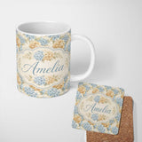 Personalized Custom Name Vintage Blue and Cream Hydrangea Floral Seamless Pattern Lovely 11oz Ceramic Coffee Tea Mug White Large Handle