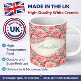 Personalized Custom Name Watercolor Pink Camellia Floral Seamless Pattern Cute Unique Gift 11oz Ceramic Coffee Tea Mug White Large Handle
