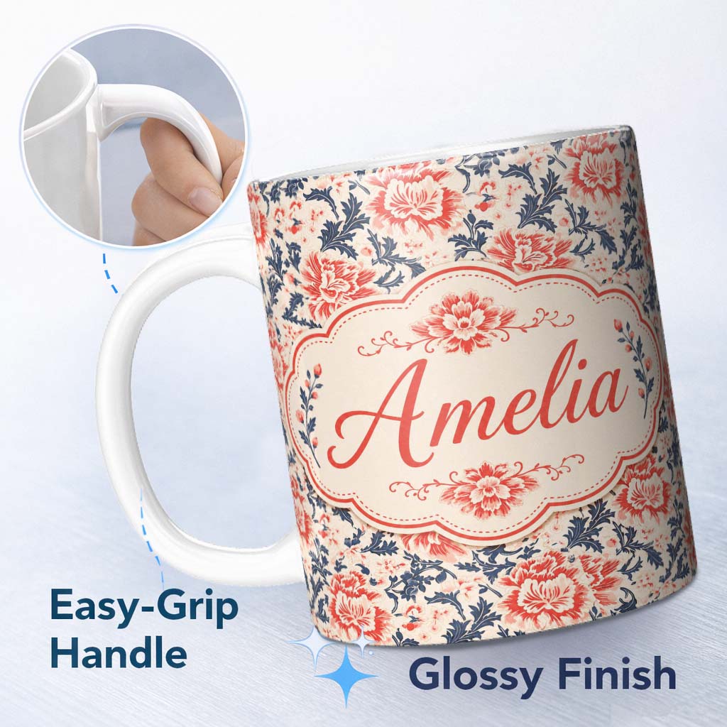 Personalized Custom Name Classic Red Floral Botanical Navy Blue Leaves on Beige Background 11oz Ceramic Coffee Tea Mug White Large Handle