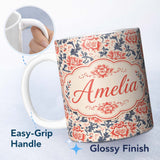 Personalized Custom Name Classic Red Floral Botanical Navy Blue Leaves on Beige Background 11oz Ceramic Coffee Tea Mug White Large Handle