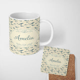 Personalized Custom Name Nautical Whale Ship Seamless Pattern Vintage Ocean Maritime Design 11oz Ceramic Coffee Tea Mug White Large Handle