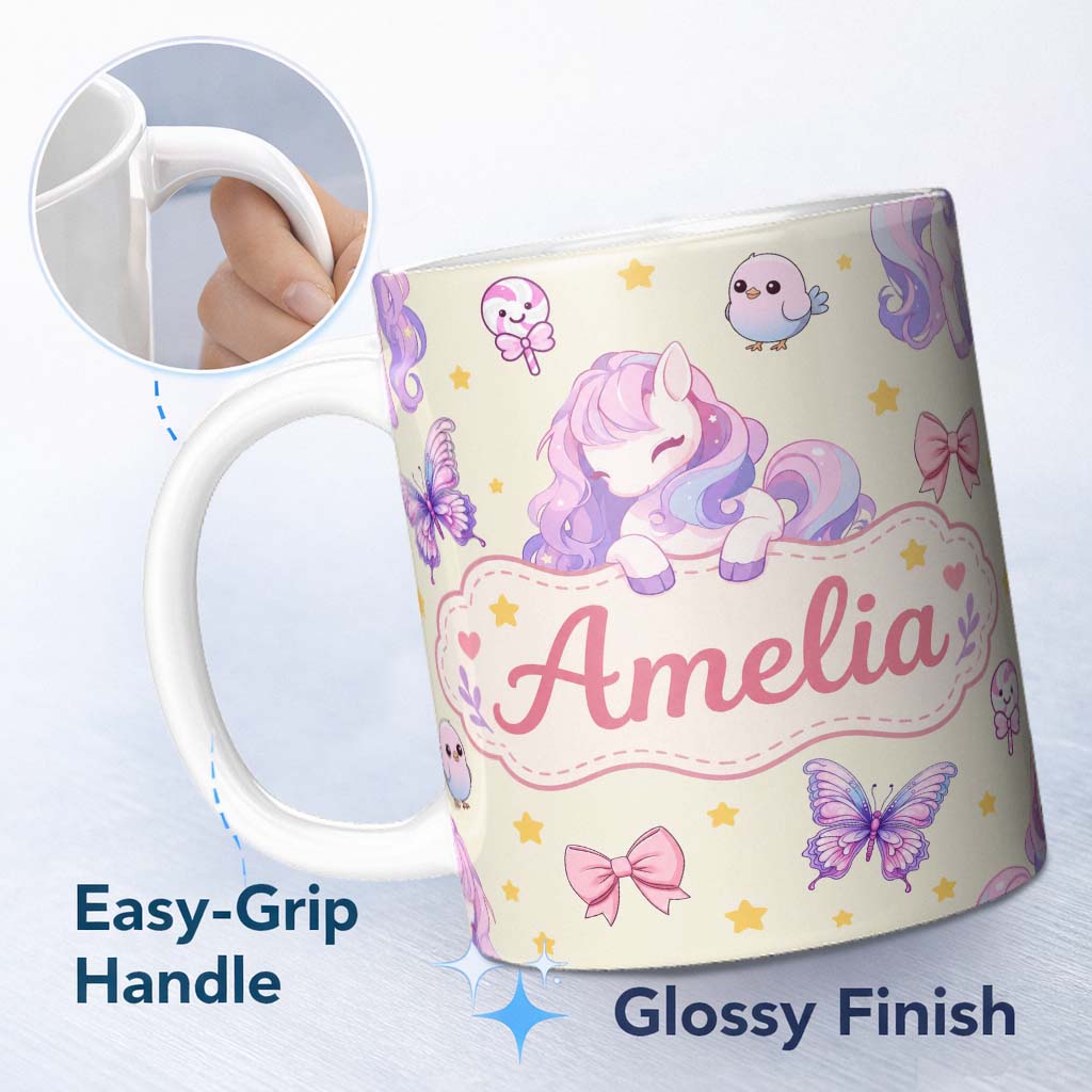 Personalized Custom Name Cute Pastel Unicorn Butterfly Candy Stars Cream Background Seamless 11oz Ceramic Coffee Tea Mug White Large Handle