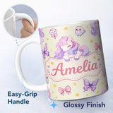 Personalized Custom Name Cute Pastel Unicorn Butterfly Candy Stars Cream Background Seamless 11oz Ceramic Coffee Tea Mug White Large Handle