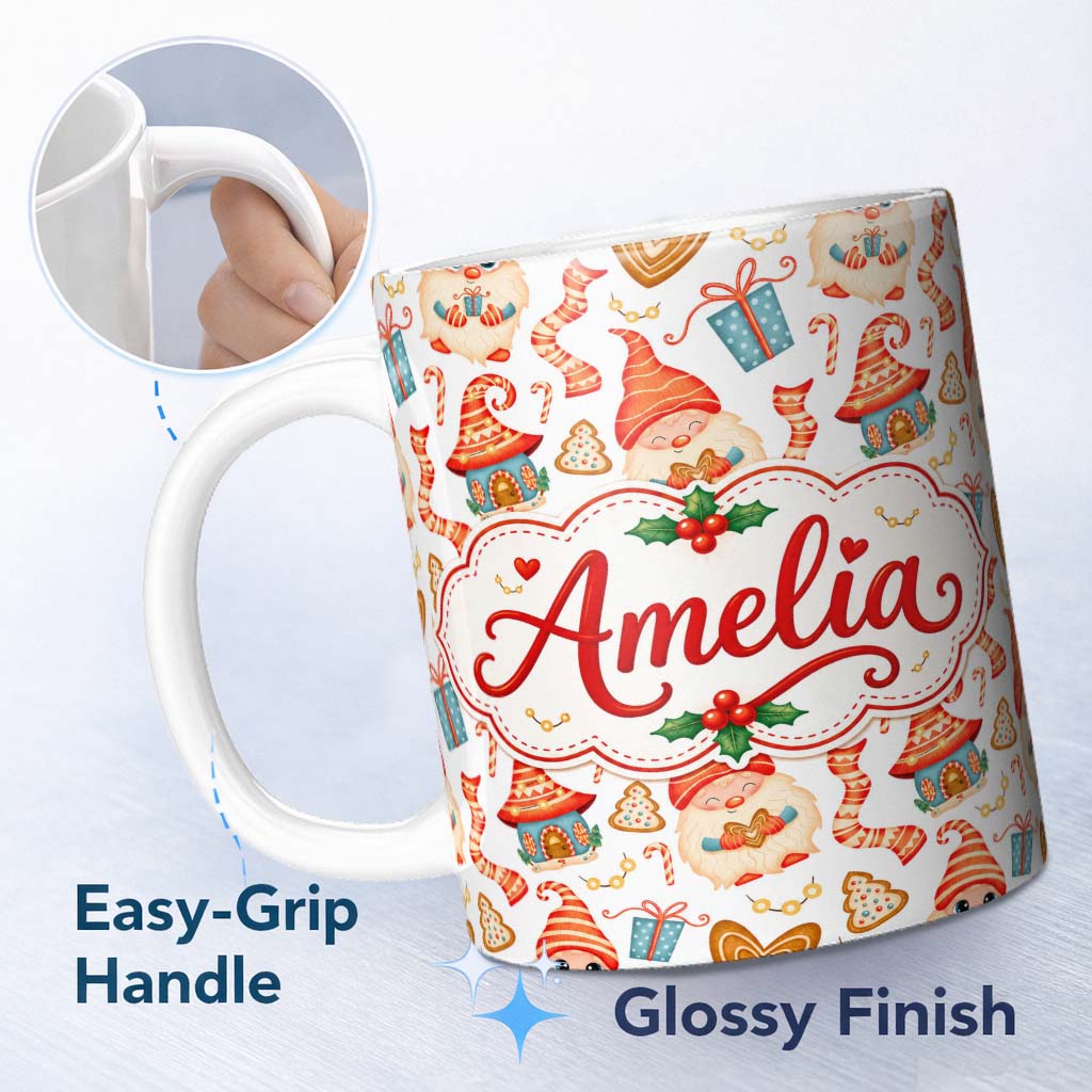 Personalized Custom Name Cute Christmas Gnome House Candy Cane Gift Seamless Pattern Lovely 11oz Ceramic Coffee Tea Mug White Large Handle