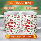 Personalized Custom Name Festive Holly Leaves Red Bows Polka Dot Christmas Seamless Pattern 11oz Ceramic Coffee Tea Mug White Large Handle