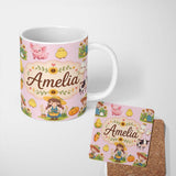 Custom Name Cute Farm Girl Animals Harvest Seamless Pattern Pink Background 11oz Ceramic Coffee Tea Mug White Large Handle