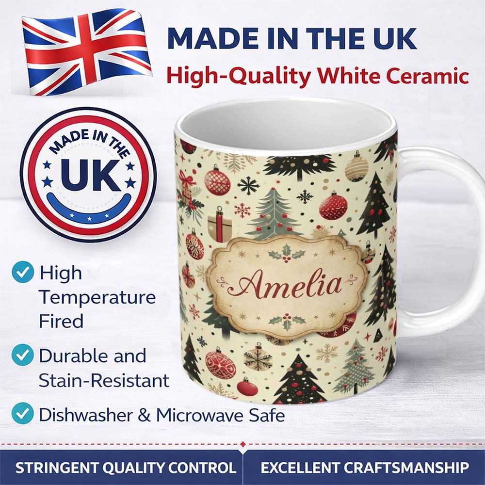 Personalized Custom Name Scandinavian Christmas Trees Baubles Snowflakes Nordic Seamless 11oz Ceramic Coffee Tea Mug White Large Handle