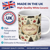 Personalized Custom Name Scandinavian Christmas Trees Baubles Snowflakes Nordic Seamless 11oz Ceramic Coffee Tea Mug White Large Handle