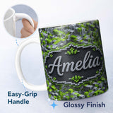 Personalized Custom Name Green Glass Cube Abstract Futuristic Seamless Pattern Lovely 11oz Ceramic Coffee Tea Mug White Large Handle