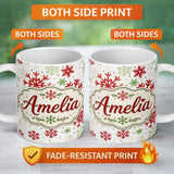 Personalized Custom Name Red Green Snowflake Winter Holiday Seamless Pattern Cute Unique Gift 11oz Ceramic Coffee Tea Mug White Large Handle
