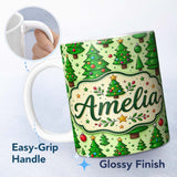 Personalized Custom Name Cartoon Christmas Trees Green Ornaments Cute Holiday Seamless Lovely 11oz Ceramic Coffee Tea Mug White Large Handle