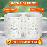 Personalized Custom Name Elegant Vintage Tulip Floral Frame Pattern with Soft Neutral Lovely 11oz Ceramic Coffee Tea Mug White Large Handle