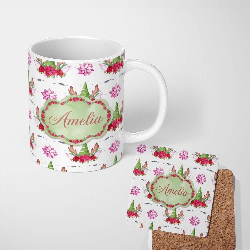 Personalized Custom Name Cute Unicorn Christmas Poinsettia Floral Fantasy Seamless Pattern 11oz Ceramic Coffee Tea Mug White Large Handle