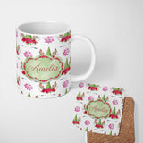 Personalized Custom Name Cute Unicorn Christmas Poinsettia Floral Fantasy Seamless Pattern 11oz Ceramic Coffee Tea Mug White Large Handle