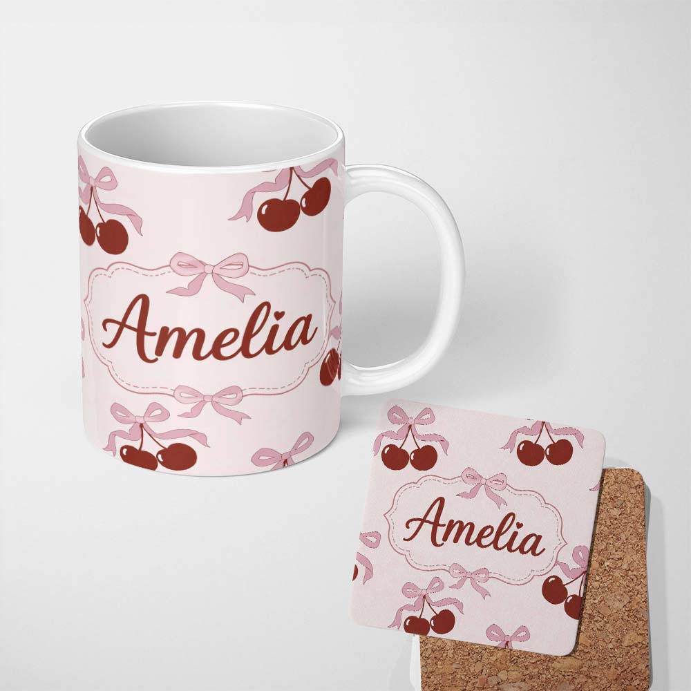 Personalized Custom Name Cherry Bow Ribbon Cute Minimal Beige Background Seamless Pattern 11oz Ceramic Coffee Tea Mug White Large Handle