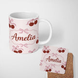Personalized Custom Name Cherry Bow Ribbon Cute Minimal Beige Background Seamless Pattern 11oz Ceramic Coffee Tea Mug White Large Handle