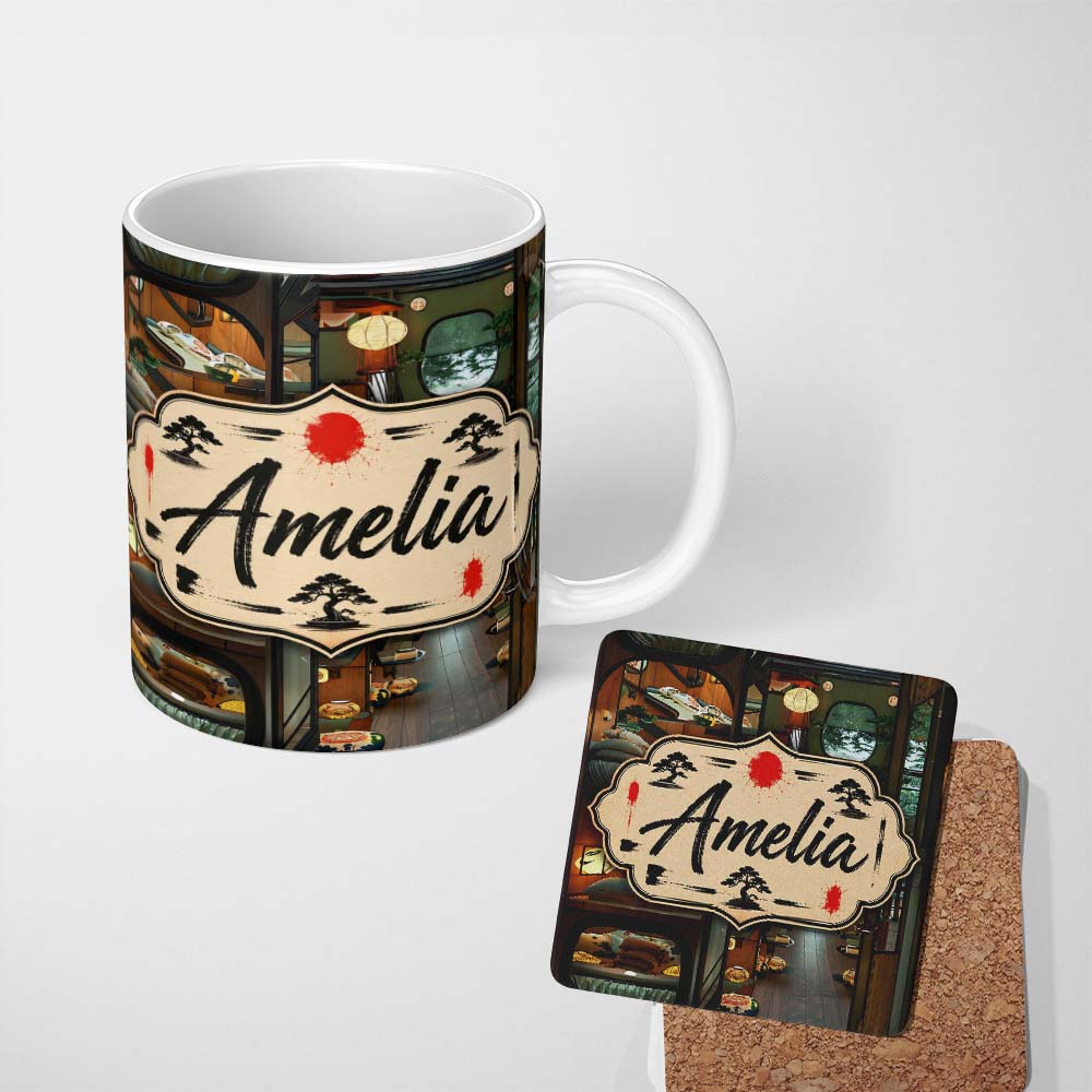 Personalized Custom Name Modern Japanese Capsule Hotel Interior with Wooden Details Compact 11oz Ceramic Coffee Tea Mug White Large Handle