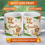 Personalized Custom Name Cute Jungle Animals Lion Tiger Leopard Neutral Background Tropical 11oz Ceramic Coffee Tea Mug White Large Handle