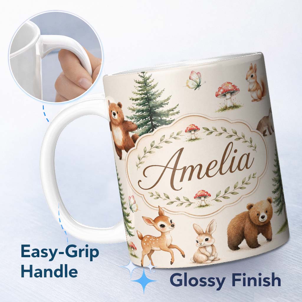 Personalized Custom Name Cute Woodland Forest Animals Bear Bunny Deer on Sage Green Lovely 11oz Ceramic Coffee Tea Mug White Large Handle