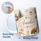 Personalized Custom Name Cute Woodland Forest Animals Bear Bunny Deer on Sage Green Lovely 11oz Ceramic Coffee Tea Mug White Large Handle