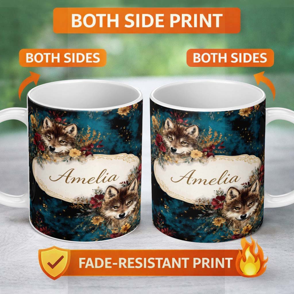Personalized Custom Name Wolf Head Floral Dark Forest Artistic Seamless Pattern Lovely 11oz Ceramic Coffee Tea Mug White Large Handle