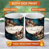 Personalized Custom Name Wolf Head Floral Dark Forest Artistic Seamless Pattern Lovely 11oz Ceramic Coffee Tea Mug White Large Handle