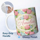 Personalized Custom Name Bright Multicolor Hydrangea Garden Floral Seamless Pattern Lovely 11oz Ceramic Coffee Tea Mug White Large Handle