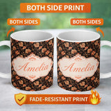 Personalized Custom Name Vintage Floral Vine in Warm Peach and Black Elegant Botanical Design 11oz Ceramic Coffee Tea Mug White Large Handle