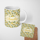Personalized Custom Name Elegant Lemon Branches with Blossoms on Light Cream Background 11oz Ceramic Coffee Tea Mug White Large Handle