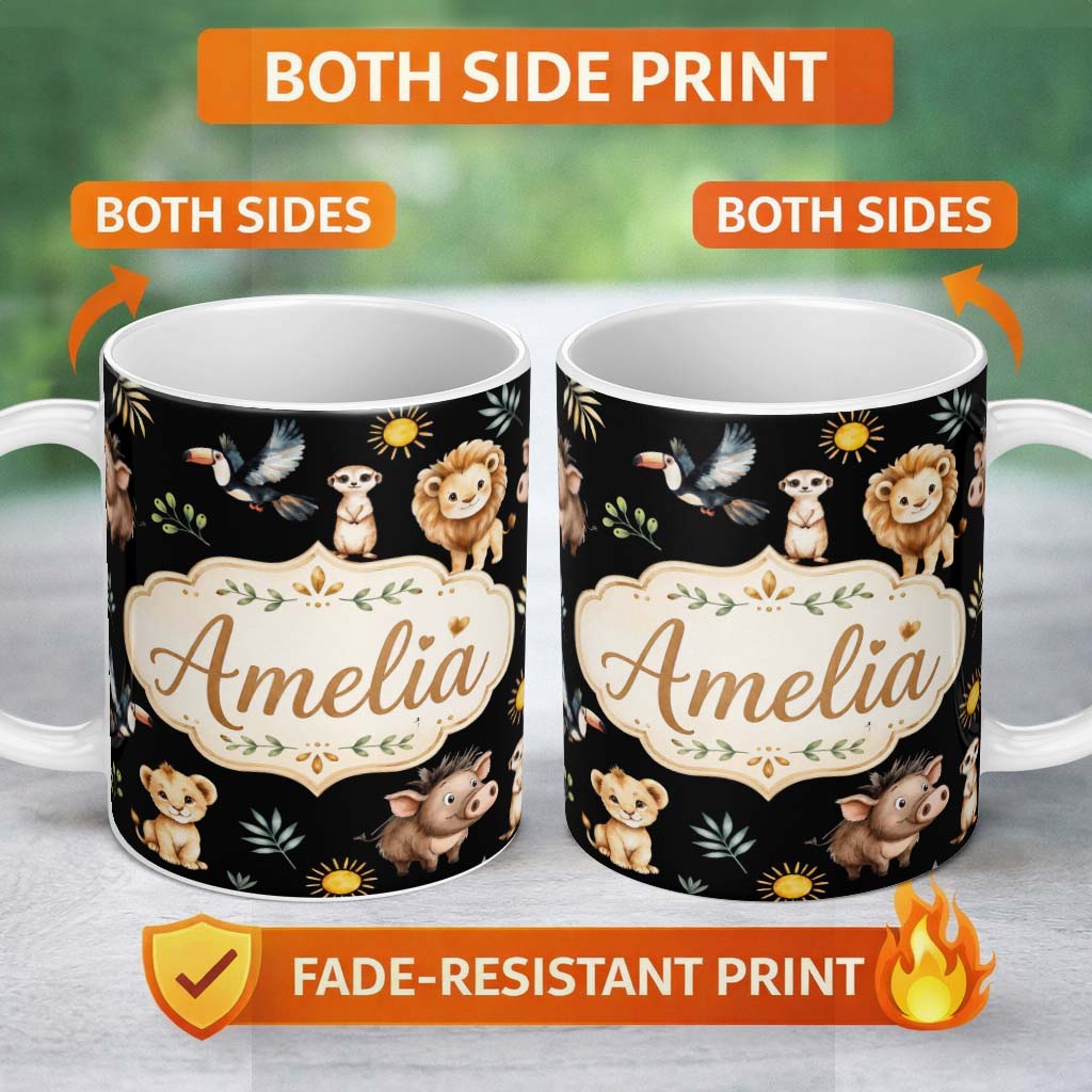 Personalized Custom Name Jungle Animals Lion Meerkat Toucan Boar on Black Seamless Pattern 11oz Ceramic Coffee Tea Mug White Large Handle