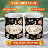 Personalized Custom Name Jungle Animals Lion Meerkat Toucan Boar on Black Seamless Pattern 11oz Ceramic Coffee Tea Mug White Large Handle