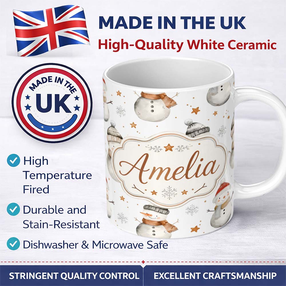 Personalized Custom Name Cute Winter Snowman with Scarf Hat Stars Seamless Pattern Lovely 11oz Ceramic Coffee Tea Mug White Large Handle
