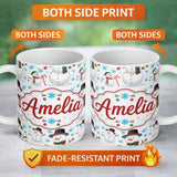 Personalized Custom Name Happy Snowman Winter Holiday Seamless Pattern Cute Unique Gift 11oz Ceramic Coffee Tea Mug White Large Handle