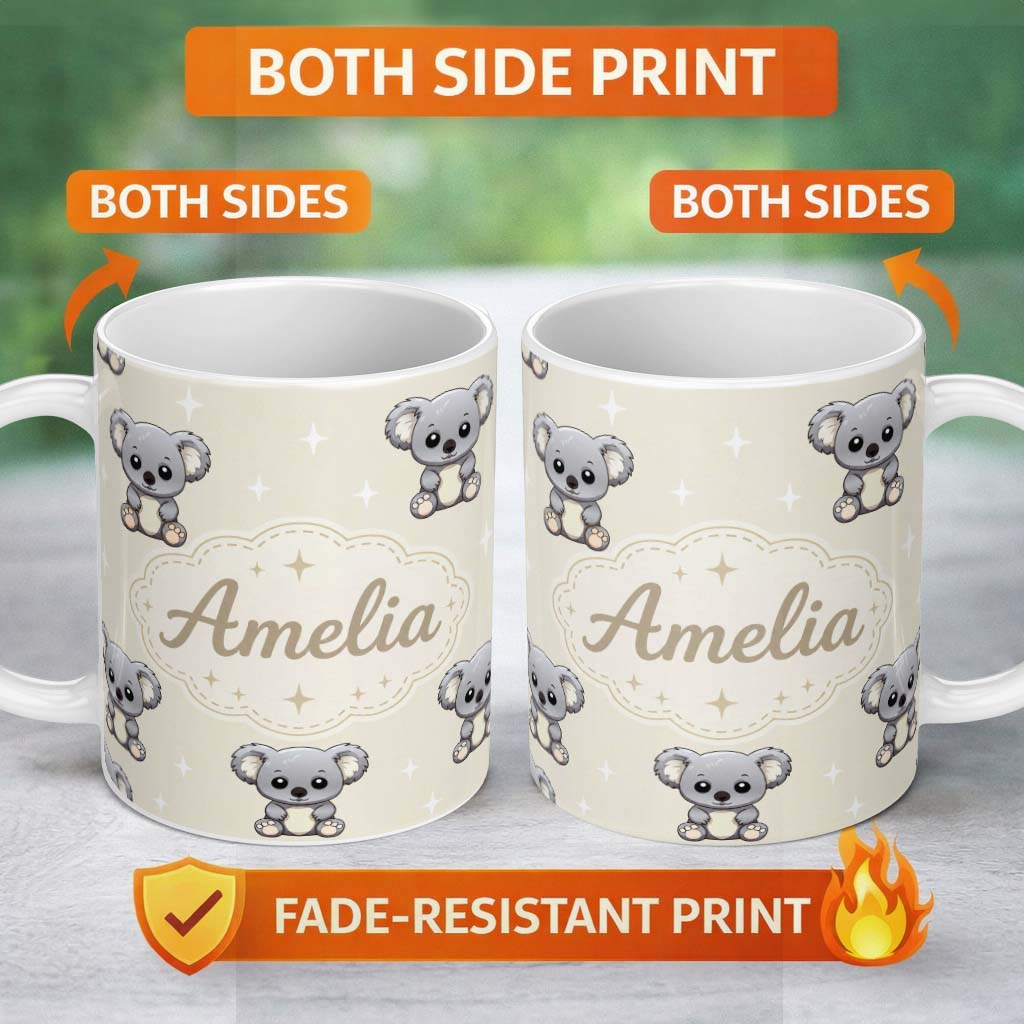 Personalized Custom Name Cute Cartoon Koala Bears with White Stars on Light Beige Background 11oz Ceramic Coffee Tea Mug White Large Handle