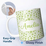 Personalized Custom Name Kiwi Slice and Leaf Botanical Seamless Pattern on Light Background 11oz Ceramic Coffee Tea Mug White Large Handle