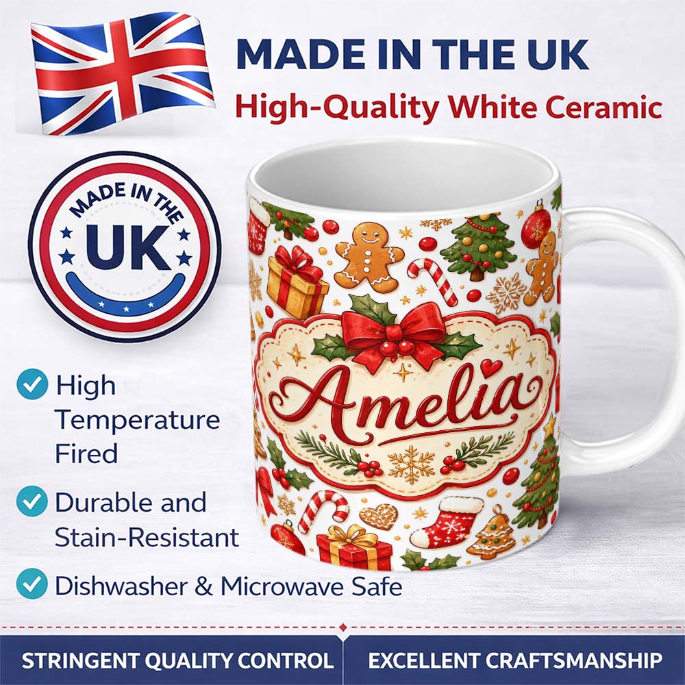Personalized Custom Name Cute Christmas Tree Gifts Gingerbread Festive Seamless Pattern 11oz Ceramic Coffee Tea Mug White Large Handle