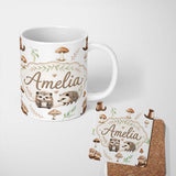 Personalized Custom Name Cute Woodland Hedgehog Mushrooms Leaves Seamless Pattern Soft Grey 11oz Ceramic Coffee Tea Mug White Large Handle