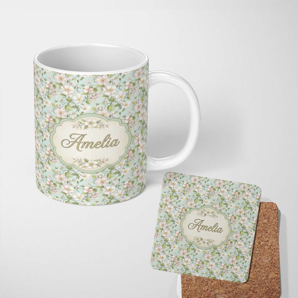 Personalized Custom Name Delicate Cherry Blossom Pastel Floral Seamless Pattern Lovely 11oz Ceramic Coffee Tea Mug White Large Handle