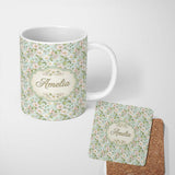 Personalized Custom Name Delicate Cherry Blossom Pastel Floral Seamless Pattern Lovely 11oz Ceramic Coffee Tea Mug White Large Handle