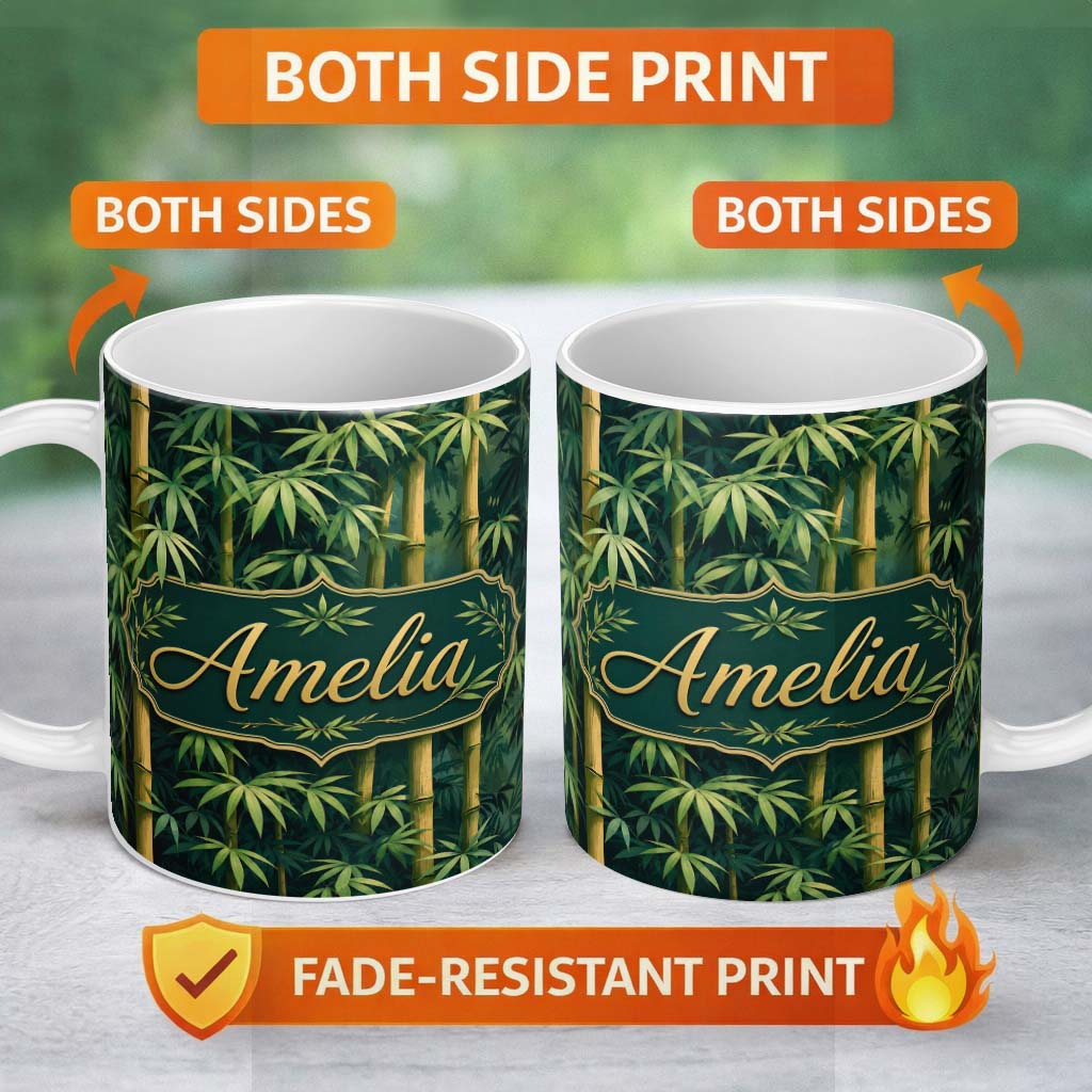 Personalized Custom Name Dense Bamboo Jungle Leaves Seamless Pattern Lush Tropical Botanical 11oz Ceramic Coffee Tea Mug White Large Handle