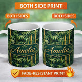 Personalized Custom Name Dense Bamboo Jungle Leaves Seamless Pattern Lush Tropical Botanical 11oz Ceramic Coffee Tea Mug White Large Handle