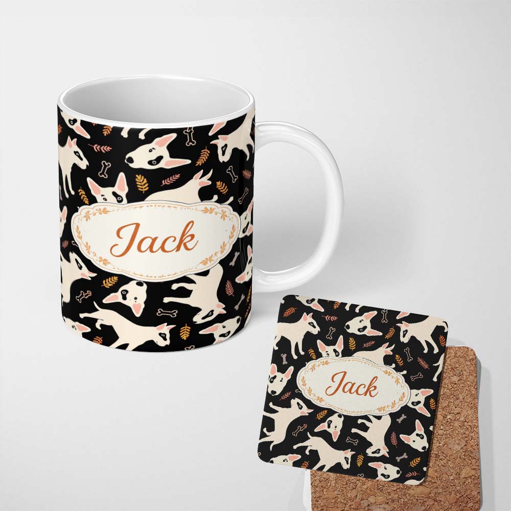 Personalized Custom Name Bull Terrier Dogs Black Background Leaves Seamless Pattern Lovely 11oz Ceramic Coffee Tea Mug White Large Handle