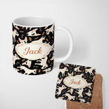 Personalized Custom Name Bull Terrier Dogs Black Background Leaves Seamless Pattern Lovely 11oz Ceramic Coffee Tea Mug White Large Handle